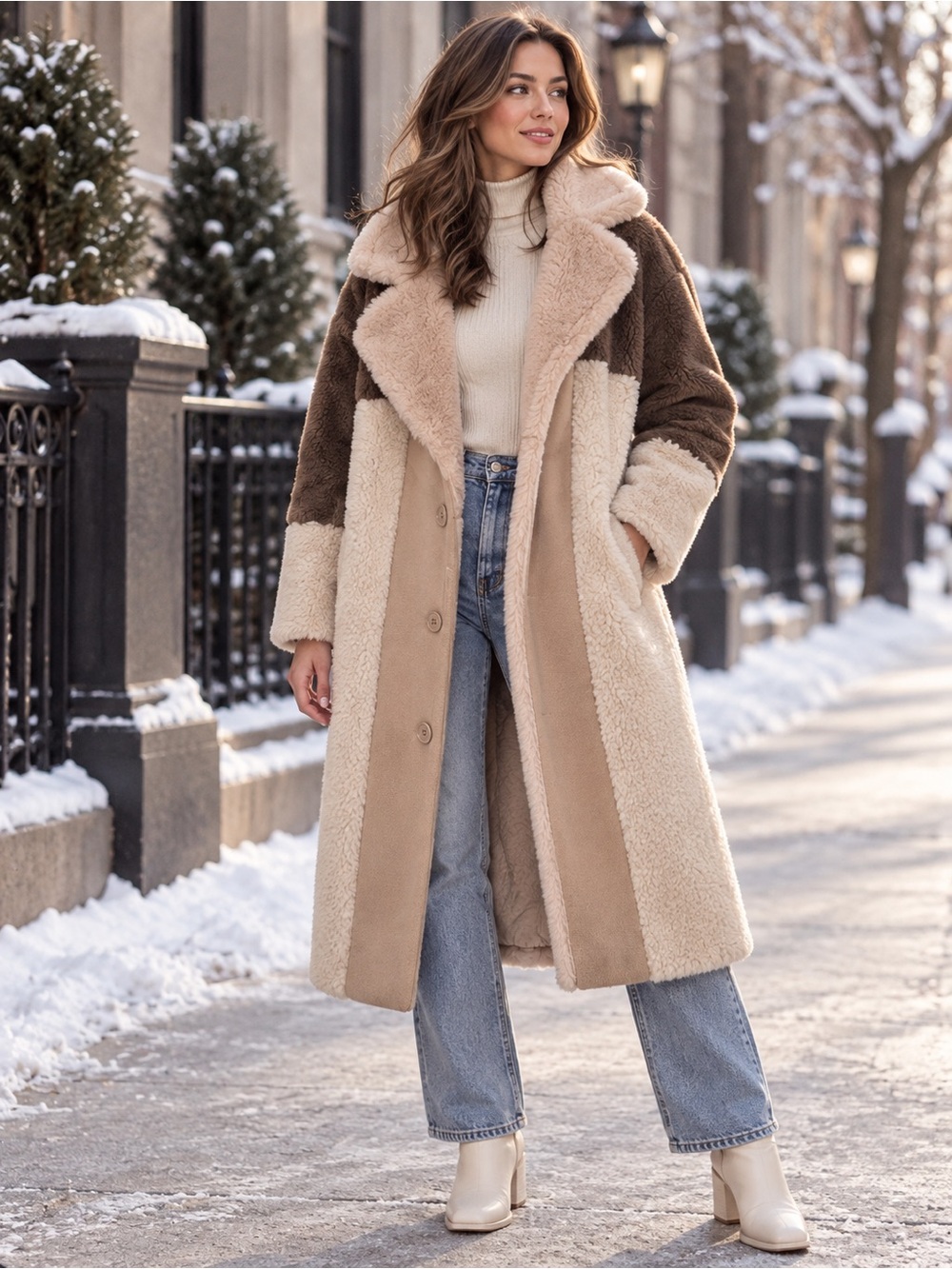 Freebird by Steven Beige and Brown Patchwork Faux-Shearling Trench Coat